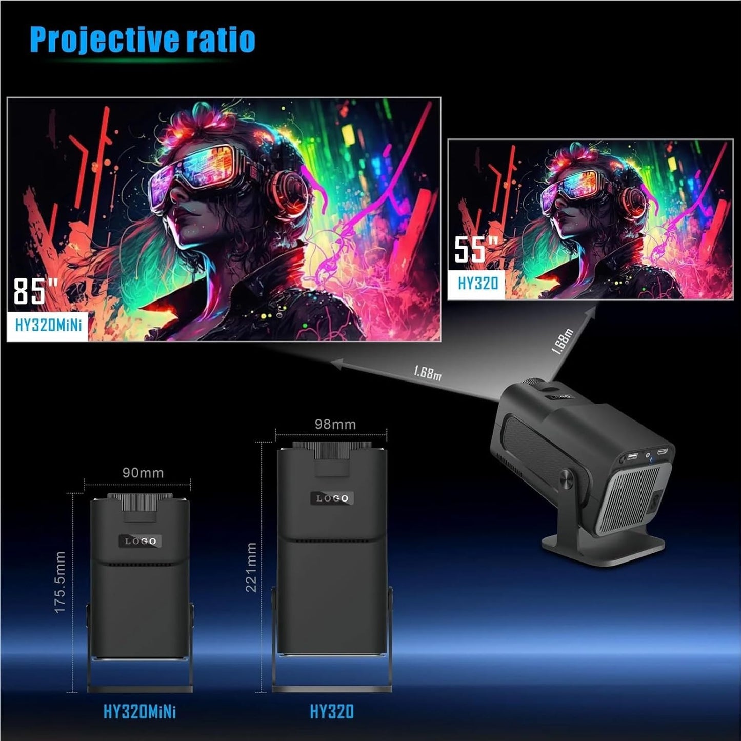 Steepify HY320 Smart Mini Projector | Android 11 | Native 1080P HD | 4K Supported | Wi-Fi 6 & Bluetooth 5.2 | Auto Keystone | 180° Rotatable | Portable Home Theater & Outdoor Projector | Black