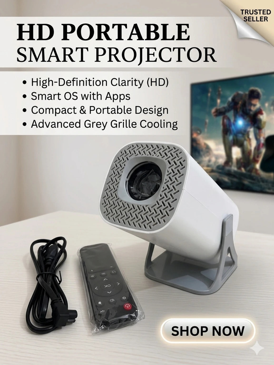 Steepify Square Smart Projector 4K & Ultra HD Supported | Android 11 | Native 1080P | WiFi 6 & Bluetooth 5.2 | Auto Keystone | 180° Rotatable | Portable Home Theater Projector | White